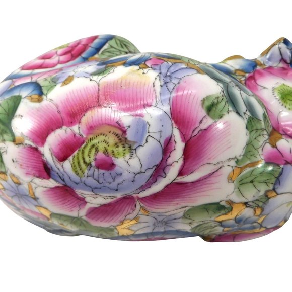 Vintage Peony Flowers Sleeping Cat Figurine Kutani Style Hand Painted 9.75" - Picture 6 of 9